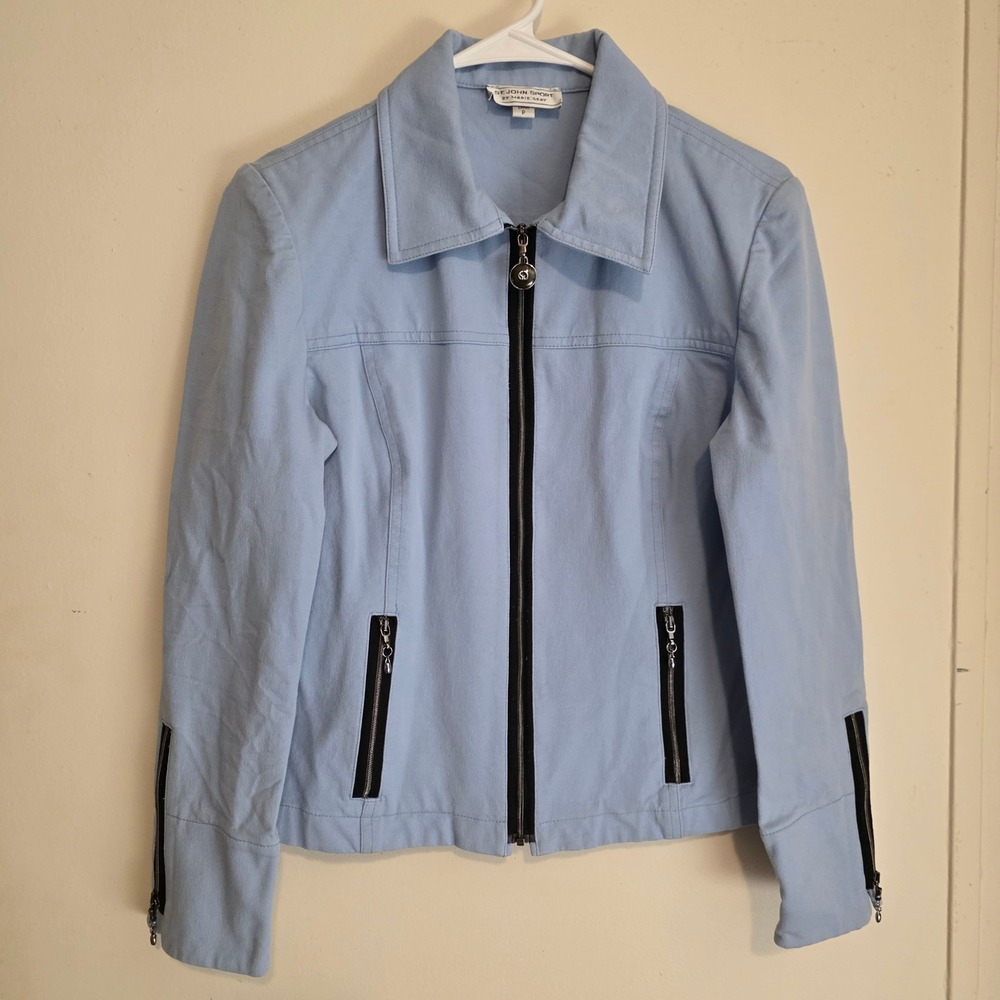 St John Sport Womens Powder Blue Jacket Size Small Petite Zip Stretch Old Money